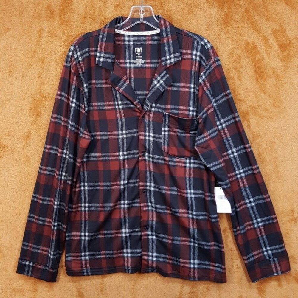 FRYE Sleepwear Mens Medium Red Plaid Collared Sleep Shirt Pajama Ultra Soft